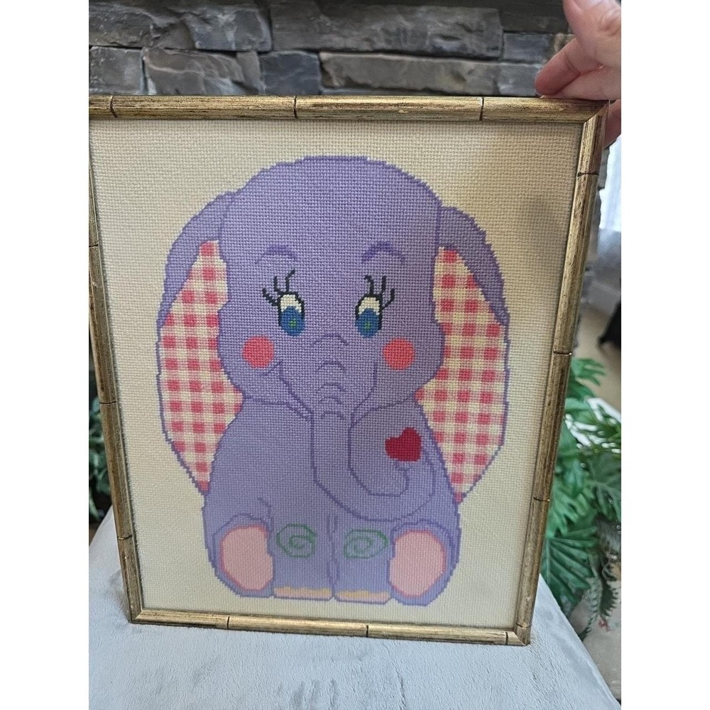 Vintage Framed Needlepoint Embroidery Purple Elephant with Heart 12x14
